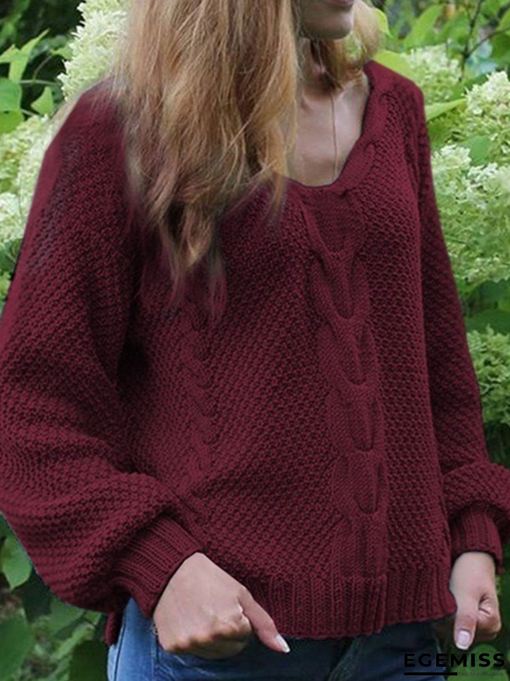 Casual Plain Knitted V-neck Long Sleeve Sweater | EGEMISS