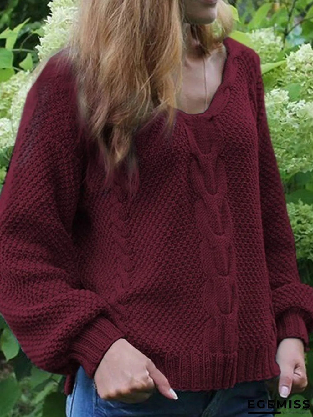 Casual Plain Knitted V-neck Long Sleeve Sweater | EGEMISS