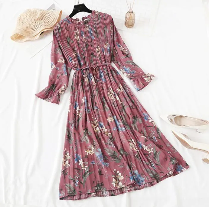 Polka Dot Print Women Chiffon Pleated Dress Sweet Flare Sleeve Party Dresses Casual Loose Lady Office Midi Dress Vestidos Mujer