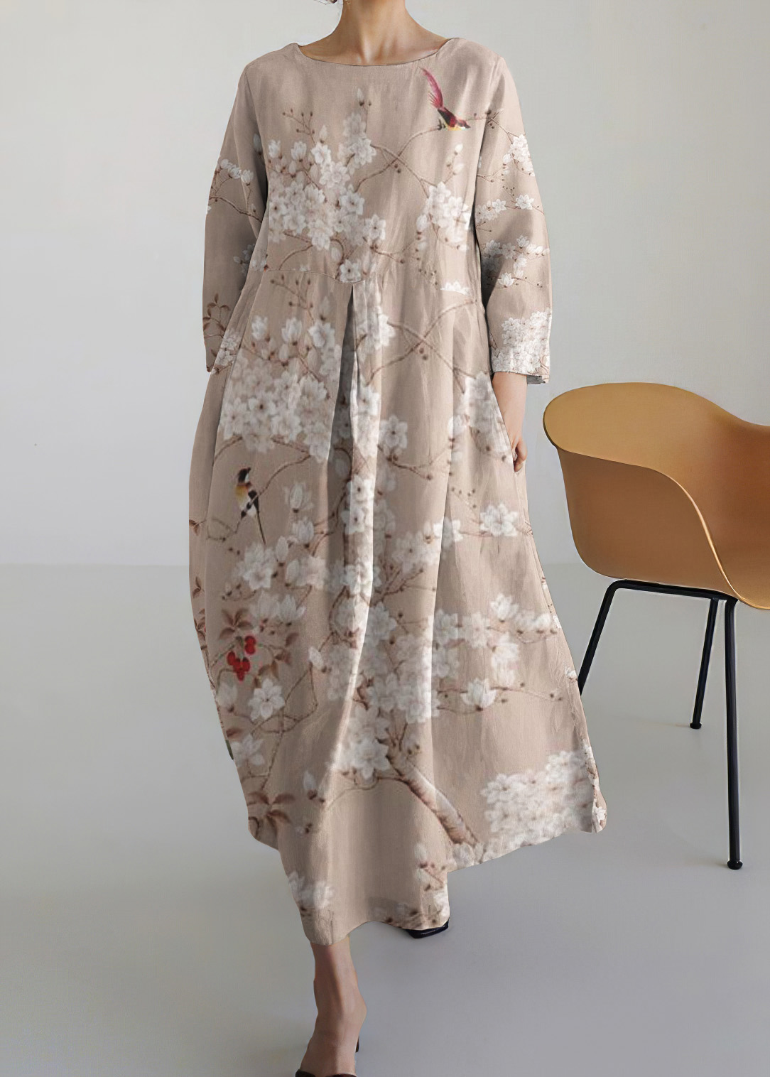 Vintage Bird In Floral Tree Round Neck Long Sleeve Midi Dress