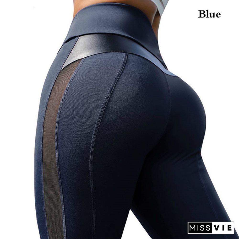 Fashion Women's Stretchy Mesh & Leather Patchwork High Waist Tummy Control Sport Yoga Running Pants GYM Fitness Leggings