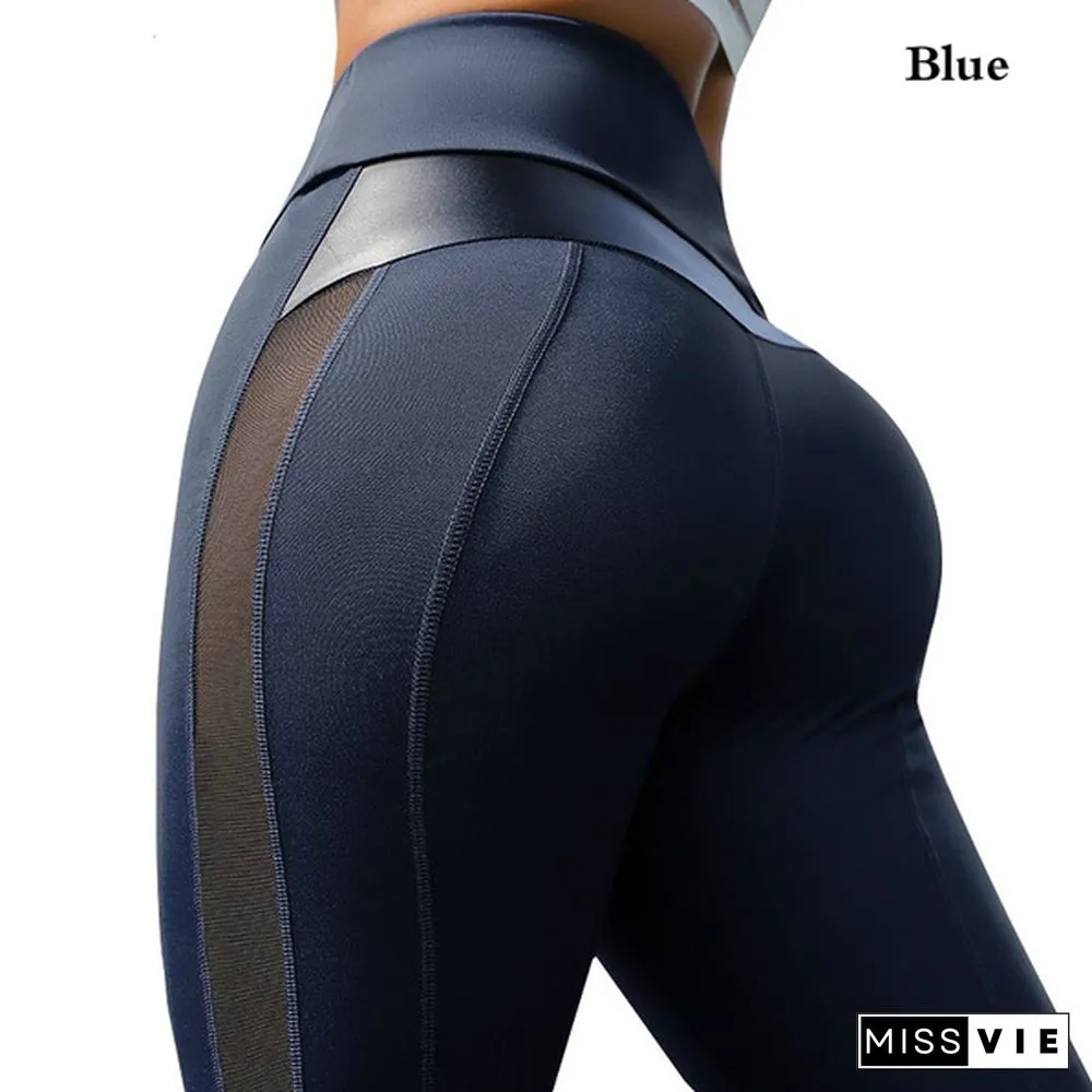 Fashion Women's Stretchy Mesh & Leather Patchwork High Waist Tummy Control Sport Yoga Running Pants GYM Fitness Leggings