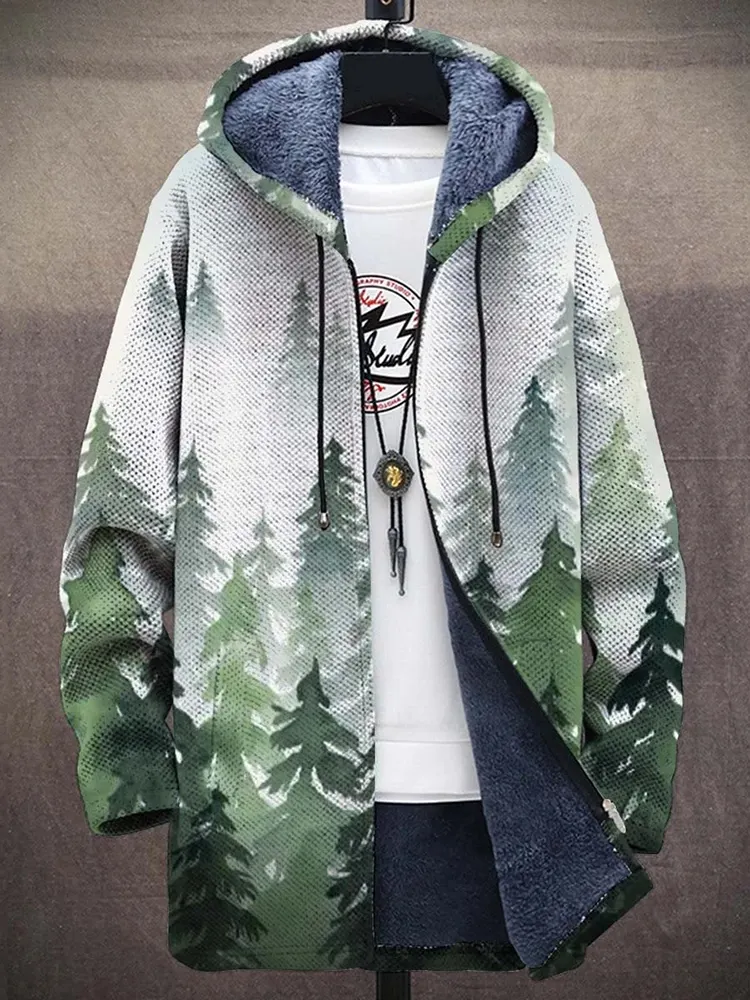 Men'S Landscape Painting Botanical Print Hooded Fleece Cardigan Jacket