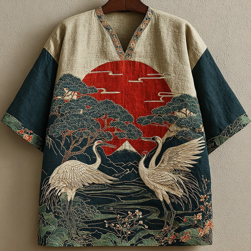 Japanese Pine And Crane Embroidered V-neck Linen Shirt  artssus