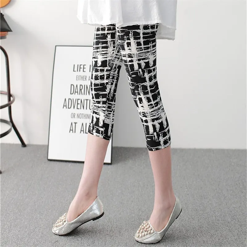 CUHAKCI Women's Calf-Length Leggings Print Grid Short Pant Mujer Casual Elasticity Stripe Fitness Leggins