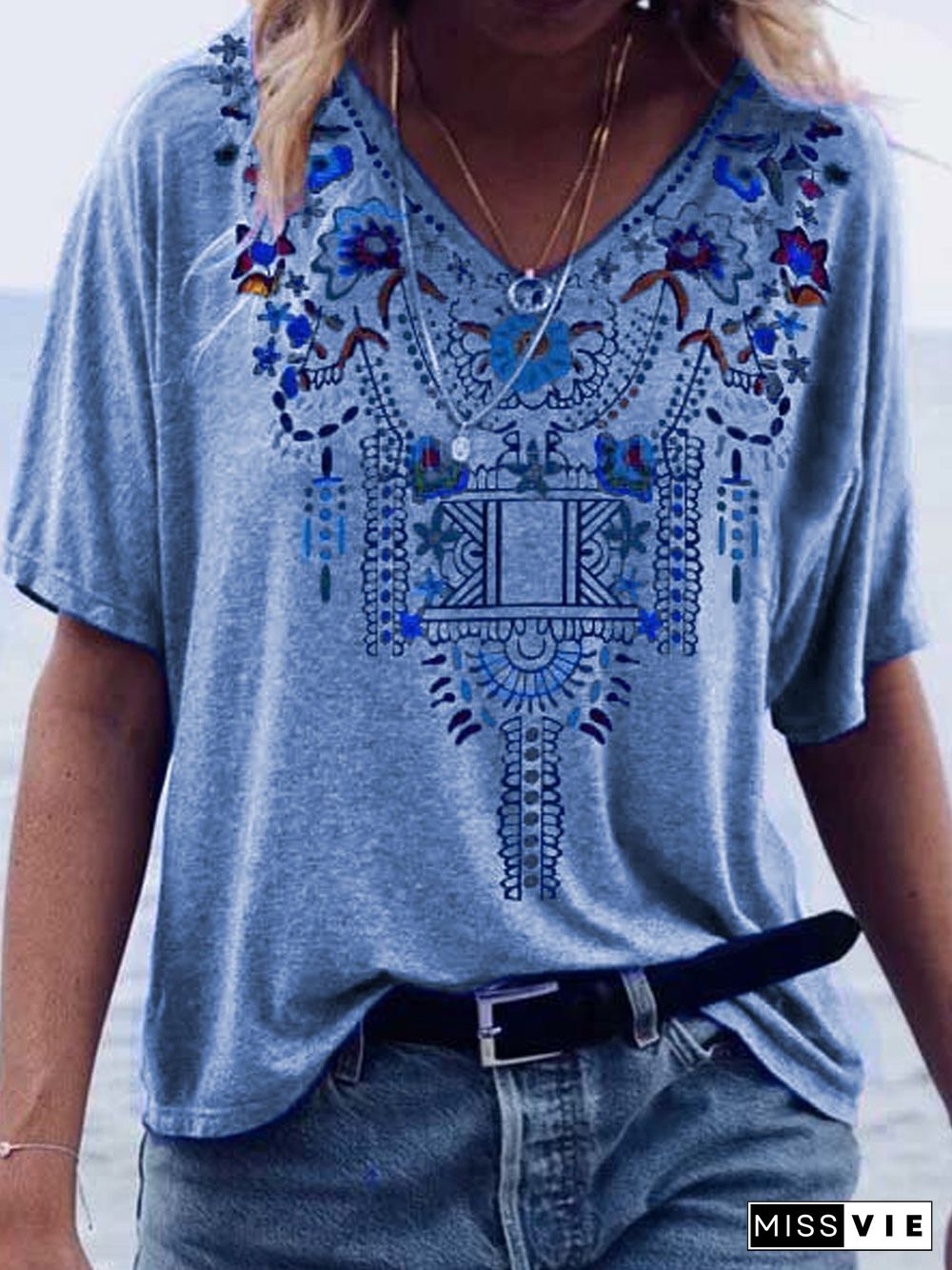 Women Boho Vintage Cotton Floral V Neck T-Shirts