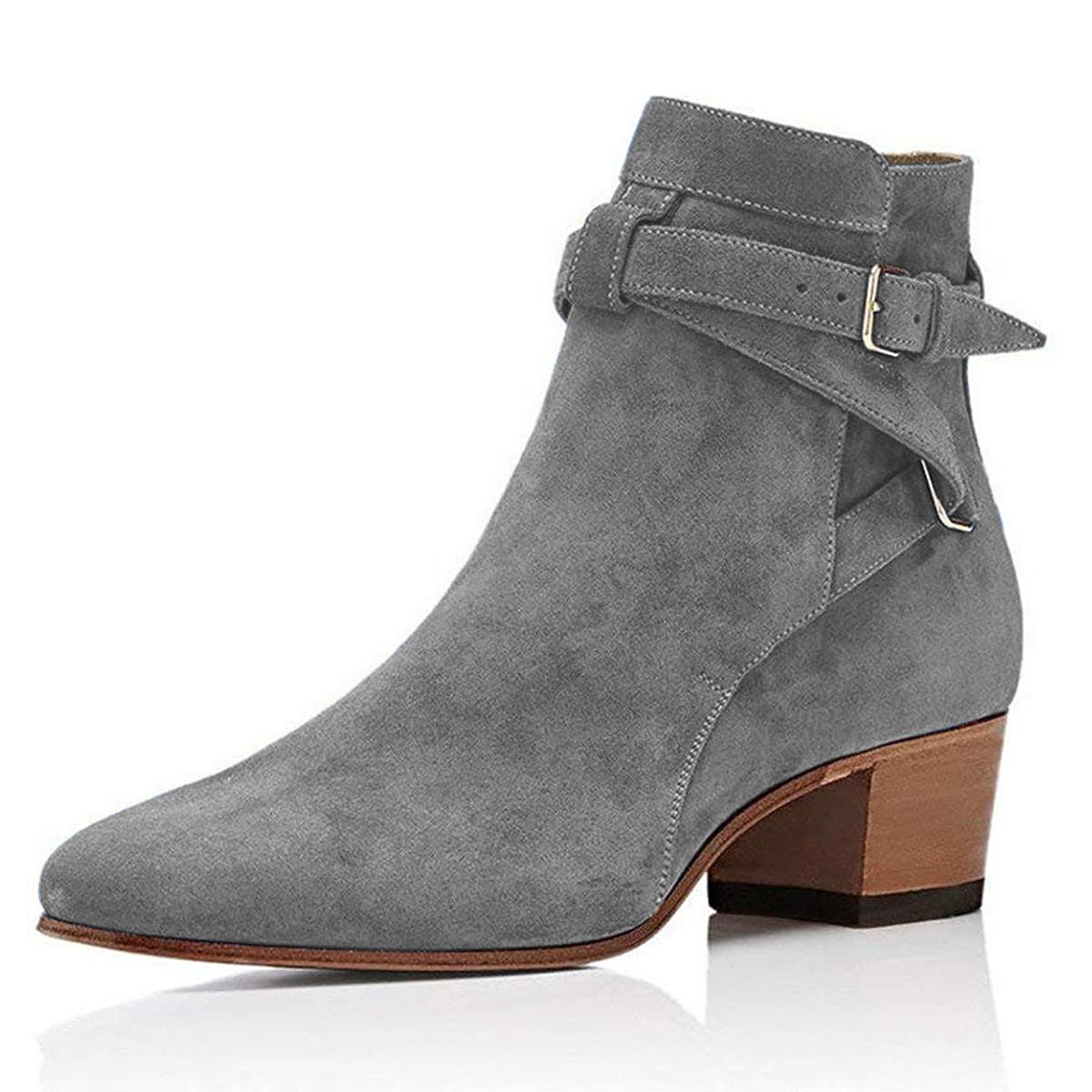 Gray Vegan Suede Buckle Decorated Chunky Heel Ankle Boots for Women Nicepairs