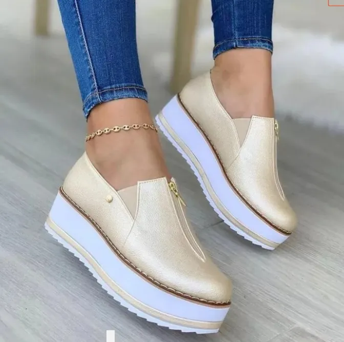 Qengg New Women Sneakers Slip on Zipper Thick Bottom Solid Color Vulcanized Shoes Casual Wedge Walking Flats Zapatillas De Mujer