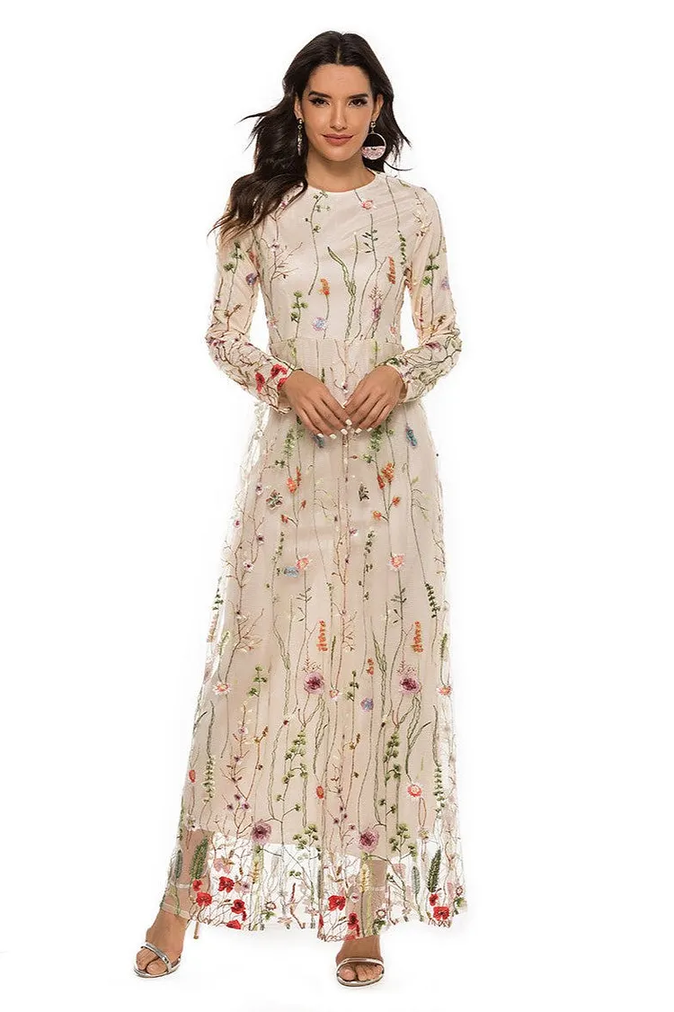 Embroidered Round Neck Long Sleeve Maxi Dress