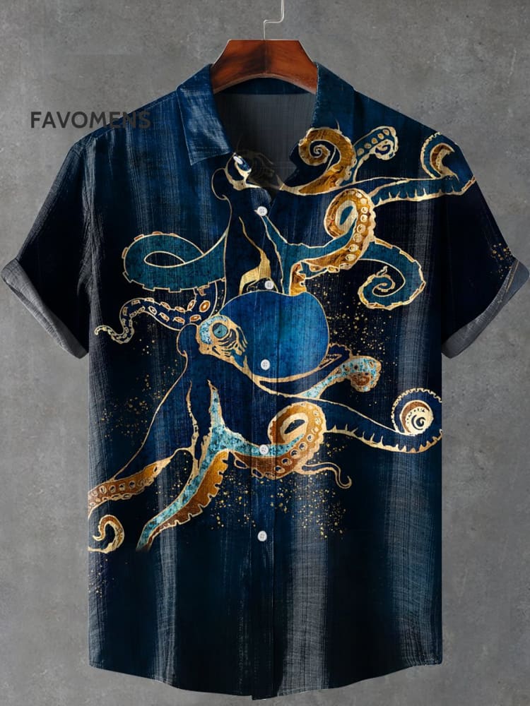 Deep Sea Octopus Art Print Lapel Casual 100% Cotton Shirt Multicolor / S
