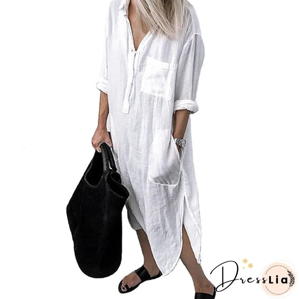 S-5XL Women Side Slit Cotton Long Dress Spring Solid Color Long Shirt Dress Kaftan Dress