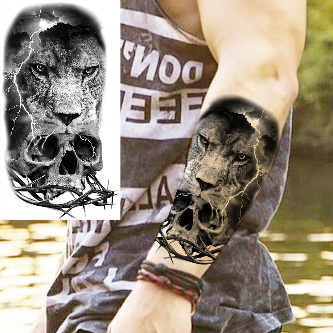 Sdrawing Skull Halloween Skeleton Temporary Tattoo For Men Adults Realistic Lion Tiger Wolf Scary Fake Tattoo Sticker Forearm Tatoo