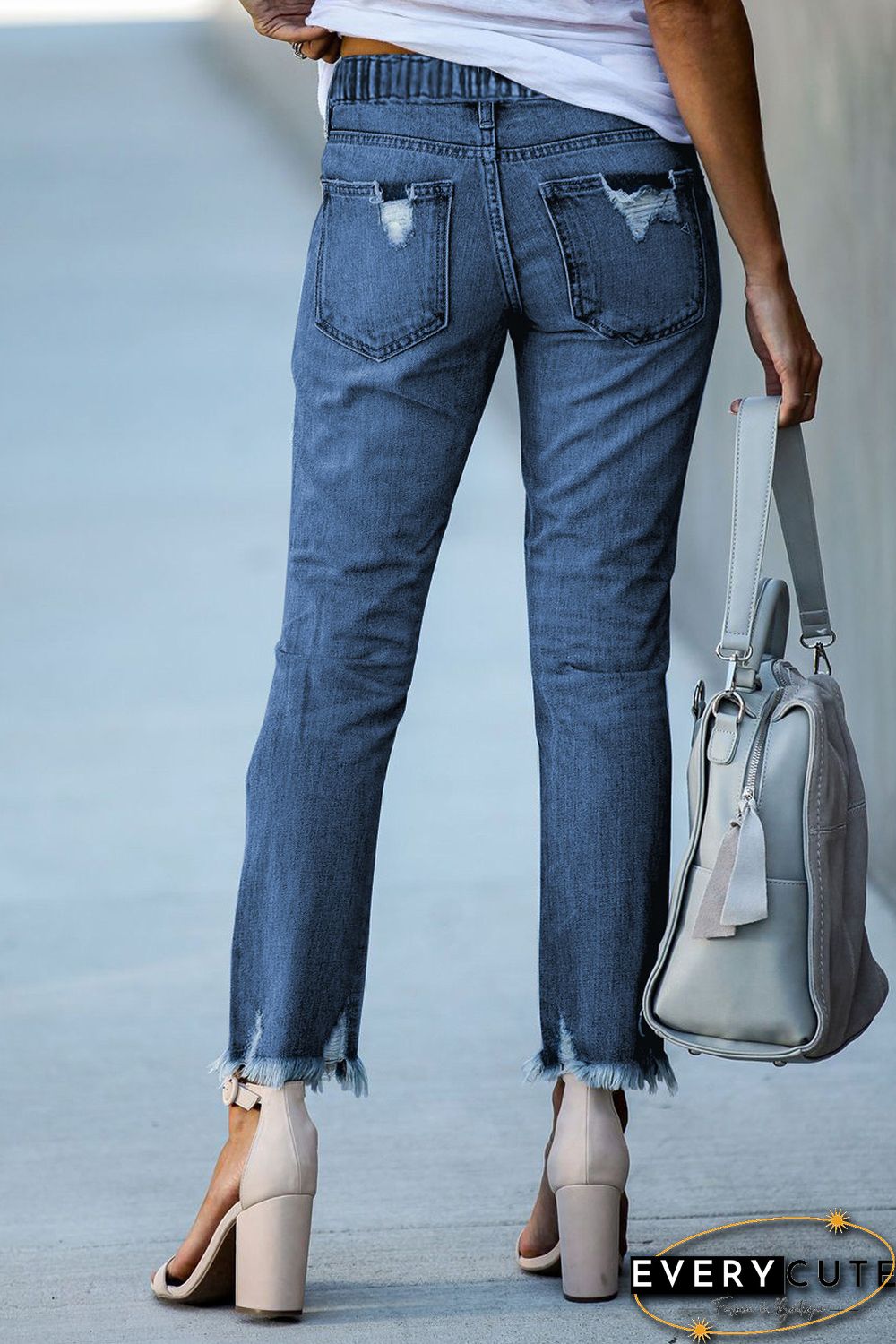 Dark Blue Elastic Waist Straight Leg Destroyed Raw Hem Jeans
