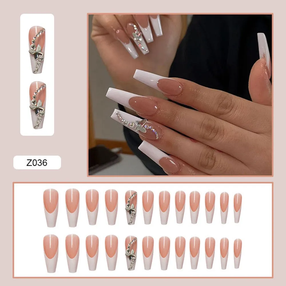 Golden Butterfly Pattern False Nails With Diamond Full cover Fake Nails Glue Manicure Nail Art Tools Long Coffin Ballerina Nails