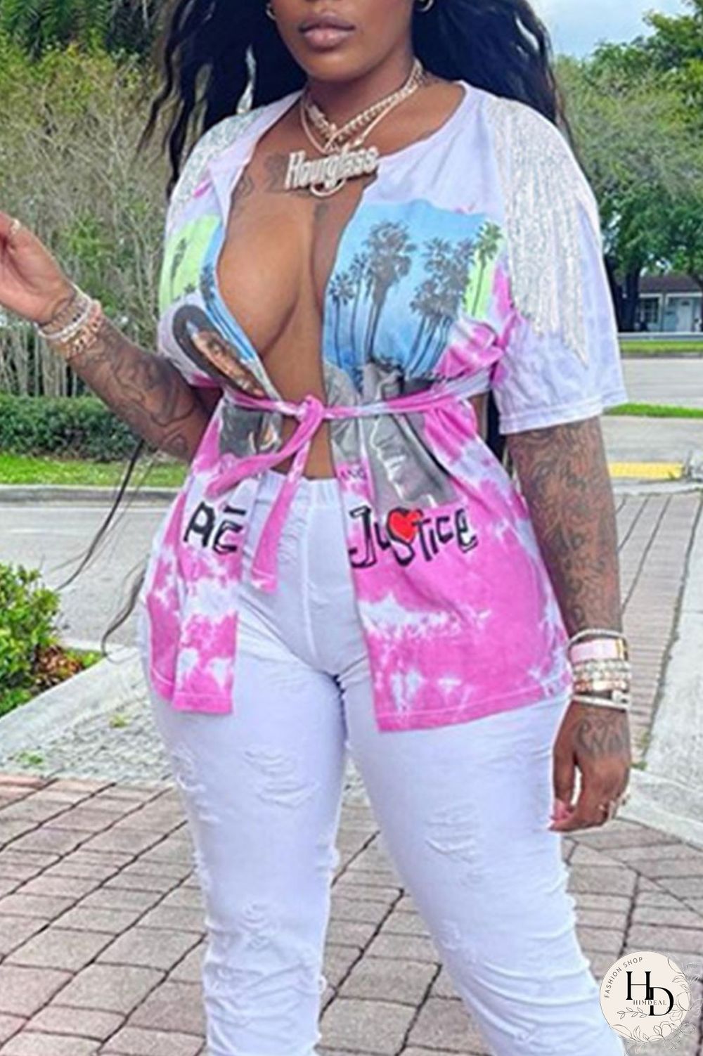 White Sexy Street Print Bandage Patchwork Asymmetrical T-Shirts
