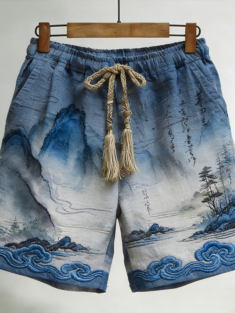 Japanese Art Retro Ink Painting Pattern Men's Casual Linen Shorts elevenforest