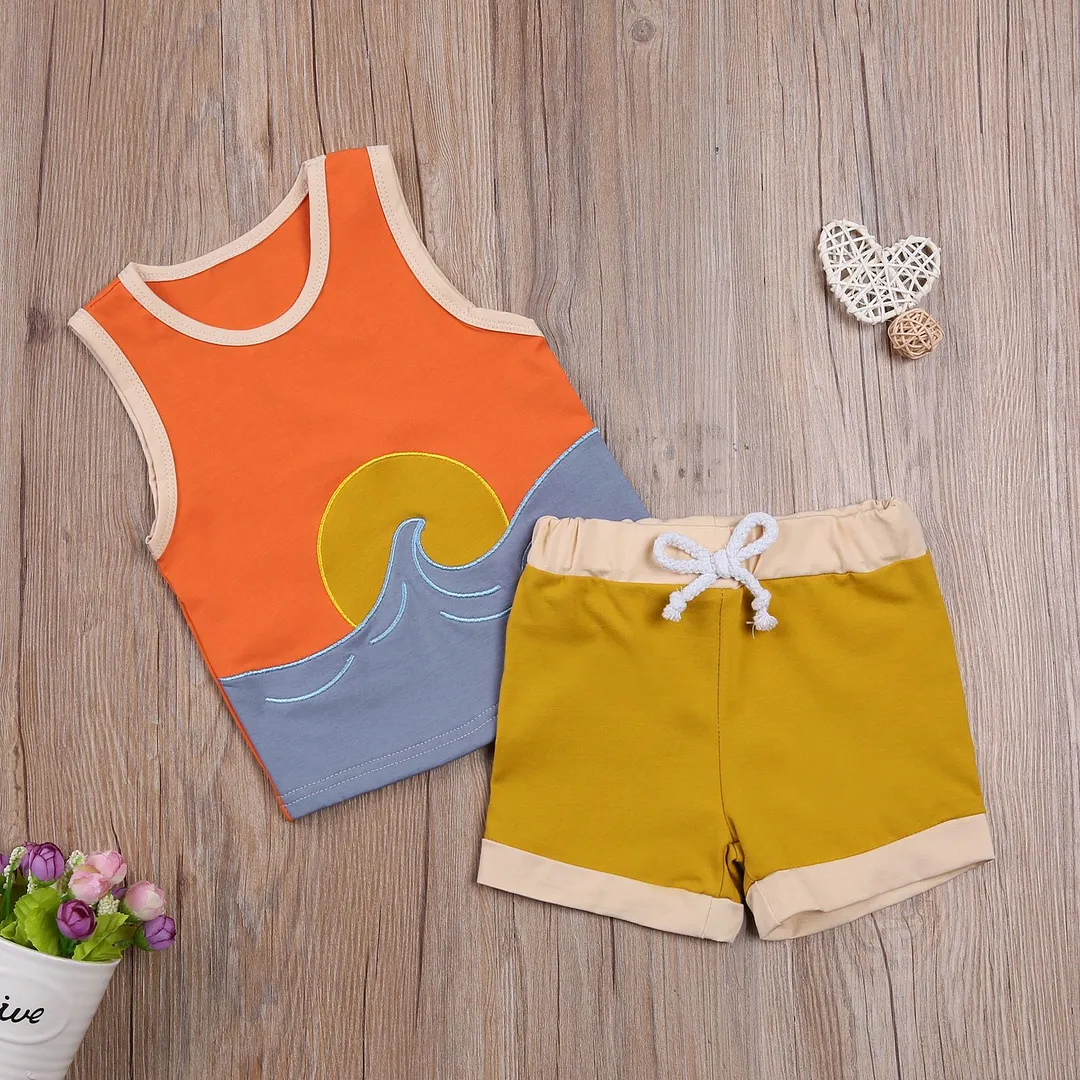 Children Baby Boys Embroidery Two Piece Set, Kid's Vest Tank Tops Waist Elastic Lace Up Shorts Beachwear Set 6M-5T