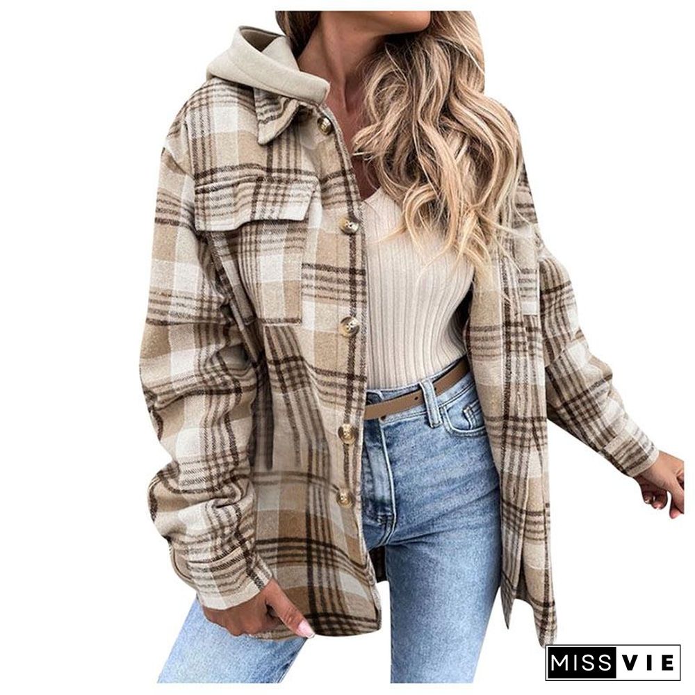 Oversizd Fit Button Up Hoodies Casual Multi Colored Hooded Flannel Shirt