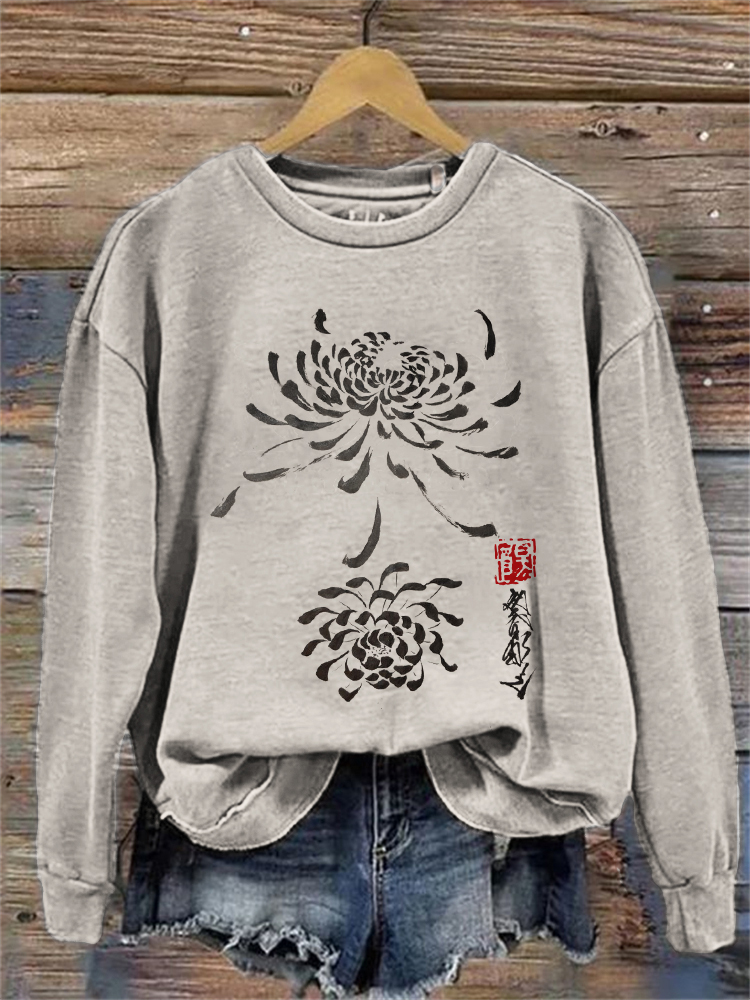 Chrysanthemum Japanese Ancient Brush Art Sweatshirt