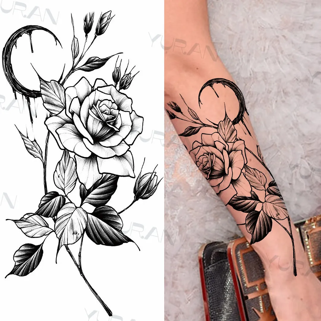 Black Large Snake Flower Fake Tattoo Sticker For Women Dot Rose Peony Temporary Tattoos DIY Water Transfer Tatoos Girls 530