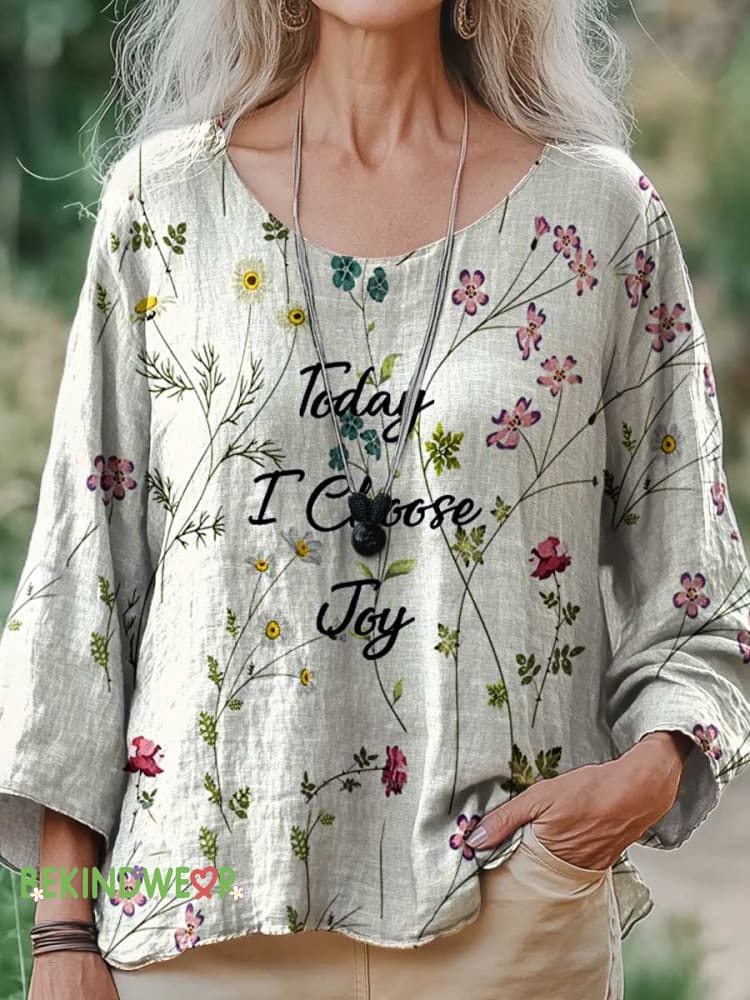 Women&rsquo;s Today I Choose Joy Floral Print Casual Cotton And Linen Shirt Multicolor / S
