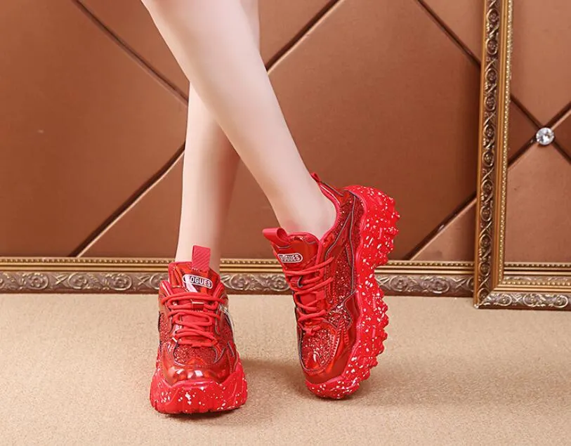 Fashion Women Shoes Dad Chunky Sneakers Women Luxury Comfortable Glossy Thick Sole Ladies Platform Wave Bottom Trainers Female