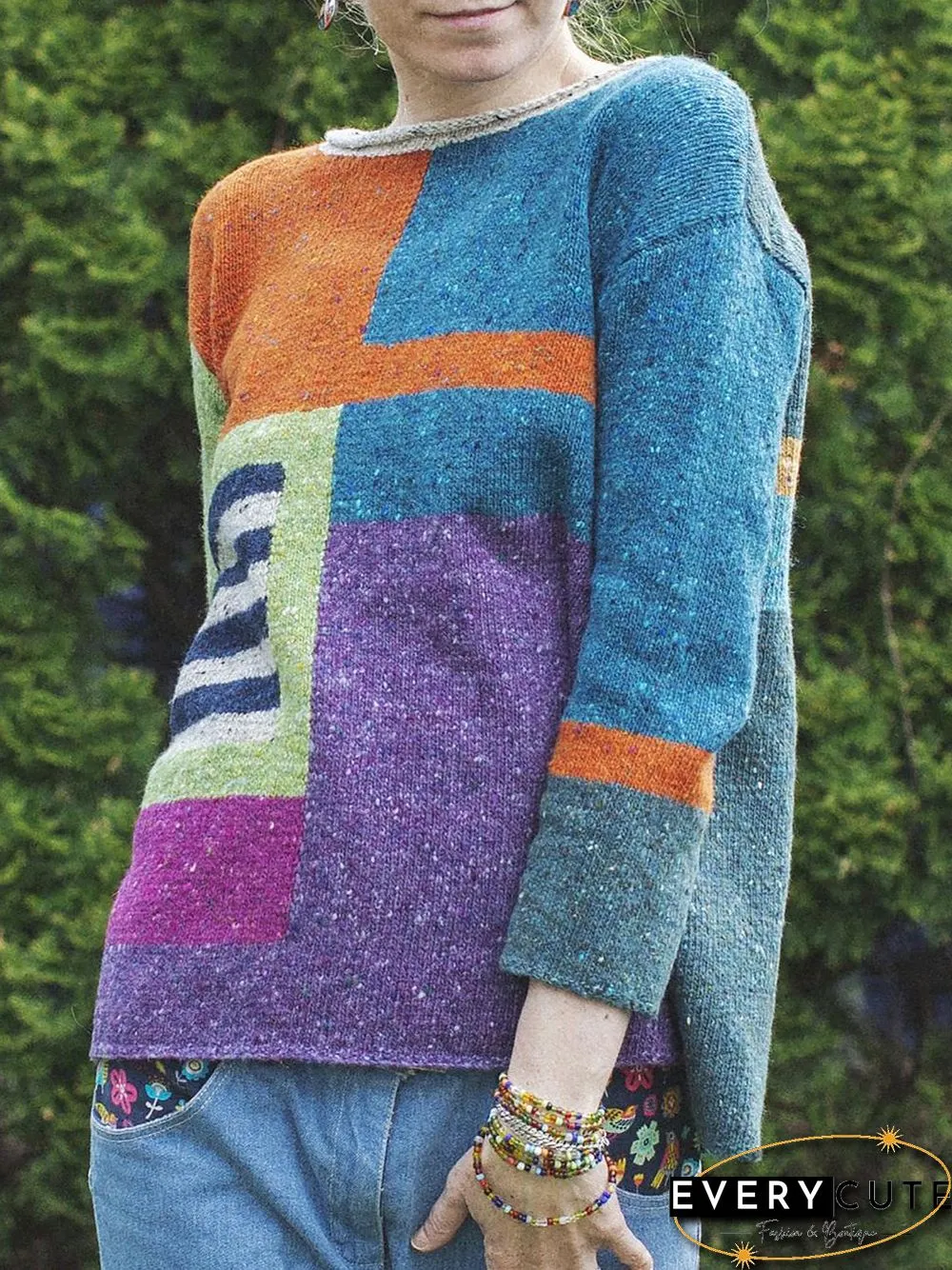 Geometric Casual Spring Polyester Mid-weight Daily Casual Long sleeve Loose Sweater for Women