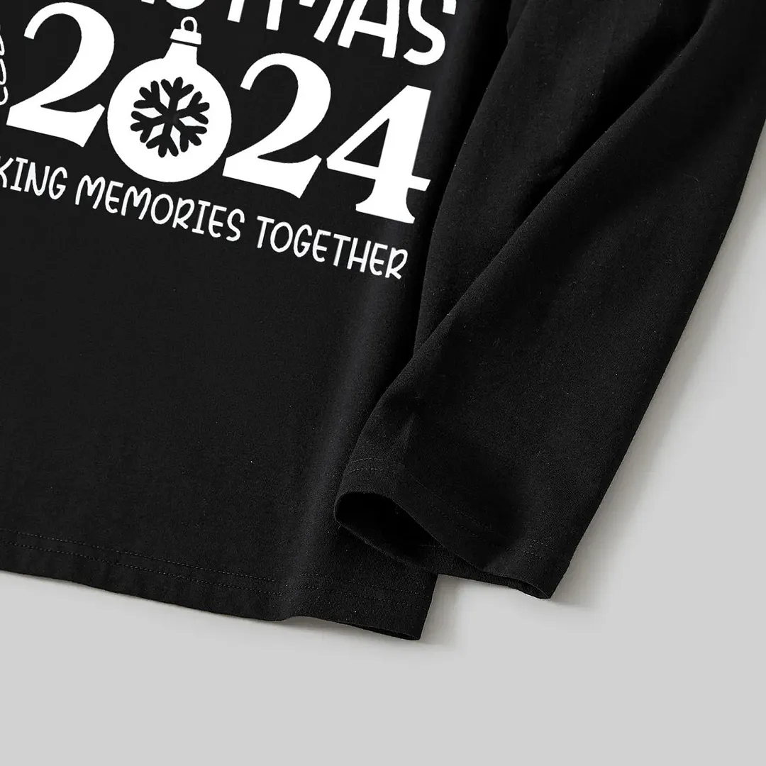 "Family Christmas 2024 Making Memories Together" Text and Santa Hat Printed Black and Green Plaid Family Christmas Matching Pajamas