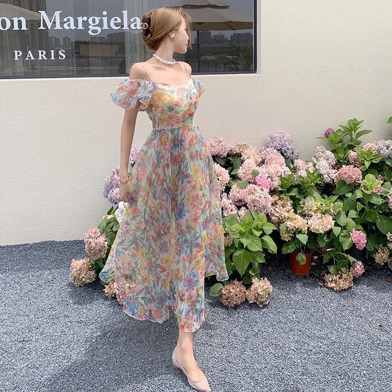 Churchf Churchf Organza A Word Shoulder Bubble Sleeve Broken Flower Condole Belt Dress Spring And Summer New Big Place Long Skirt