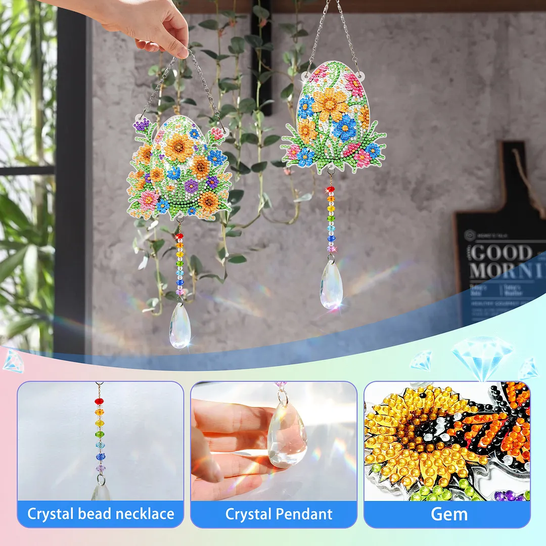 2Pcs Flower Easter Egg DIY Acrylic Diamond Painting Art Wind Chimes with Crystal Pendant Diamond Art Hanging Pendant Double-Sided for Adults Beginners Gift Home Garden Decor