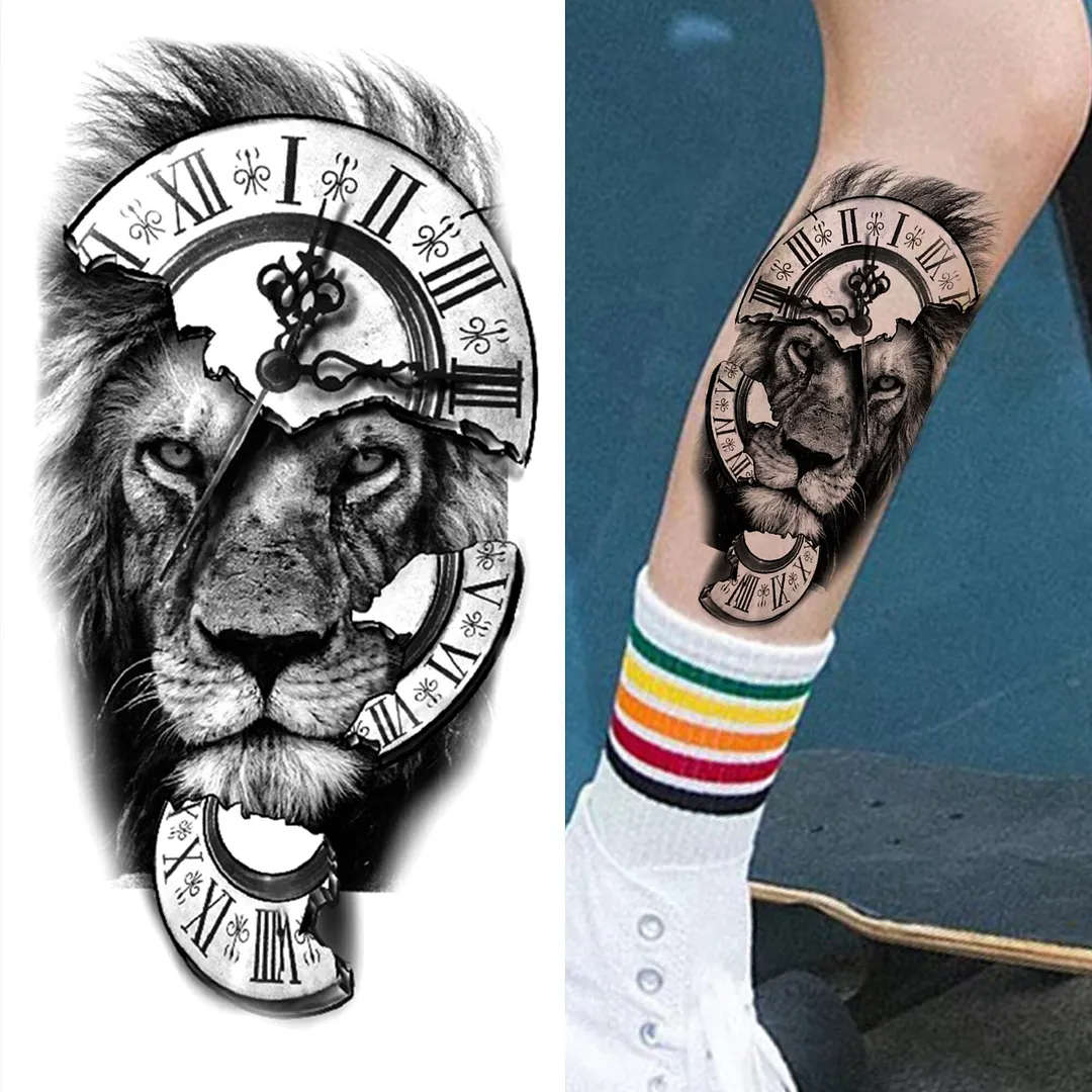 Cross Lion Temporary Tattoo For Women Men Adult Skull Tiger Wolf Forest Tattoo Sticker Black Fake Realistic Demon Tatoos Forearm 530-1