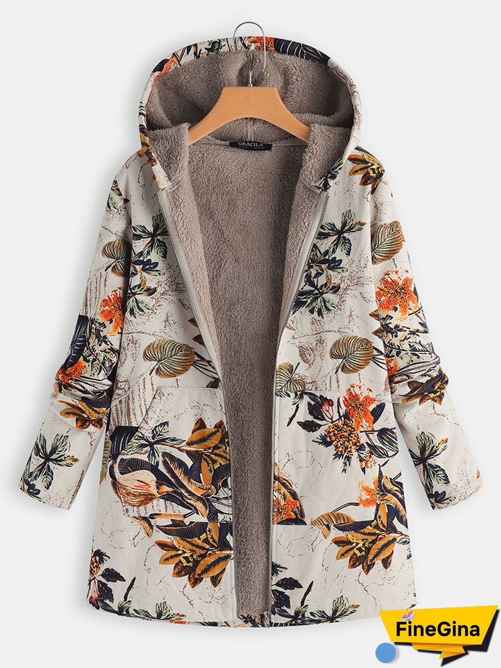Leaves Floral Print Hooded Long Sleeve Vintage Coats