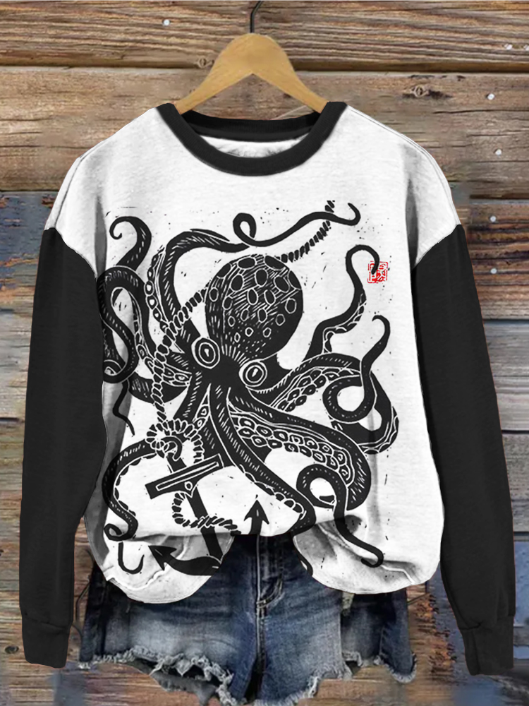 Octopus Japanese Lino Art Contrast Comfy Sweatshirt