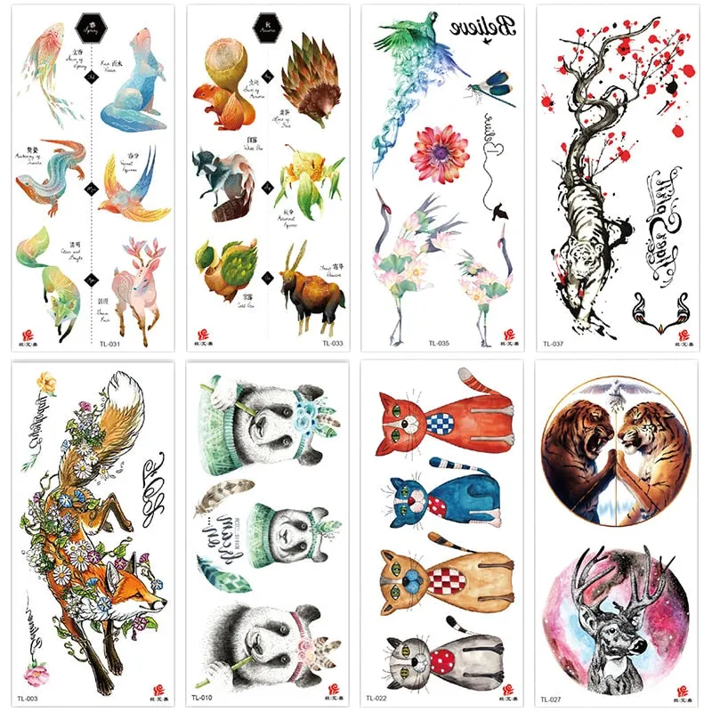 1~8 pieces of animal plants wolf bear bird art tattoo stickers disposable waterproof temporary tattoo stickers for men and women