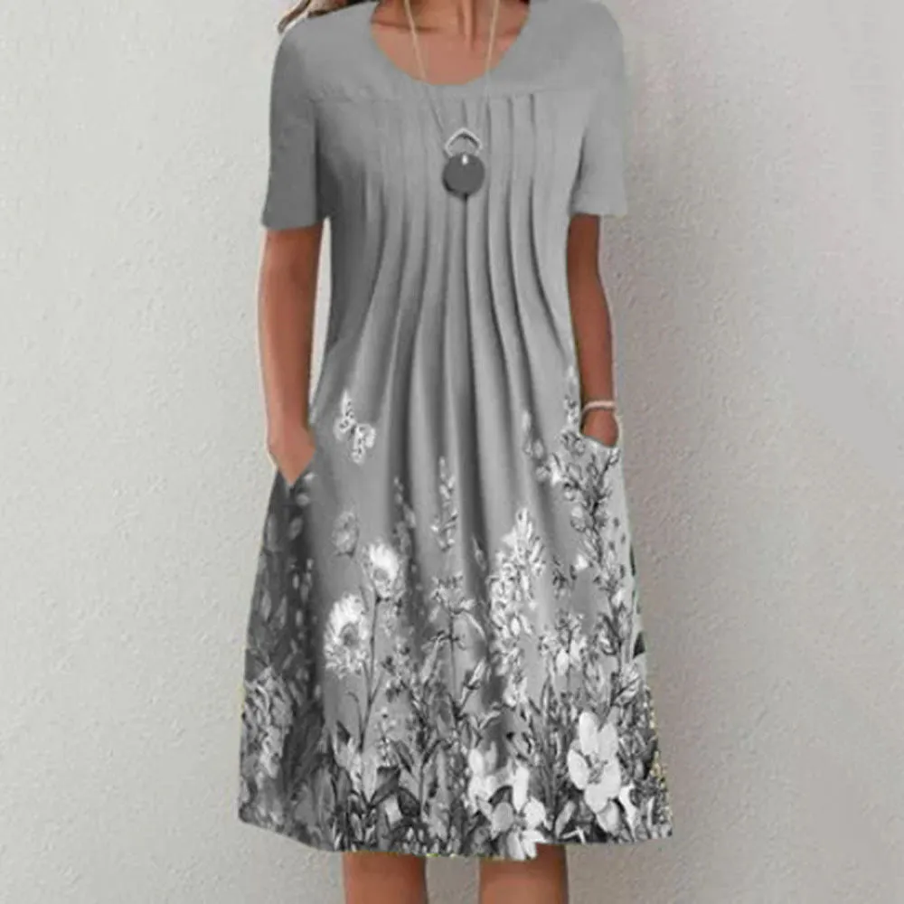 Brownm Floral Print Round Neck Pocket Mid-length Dresses