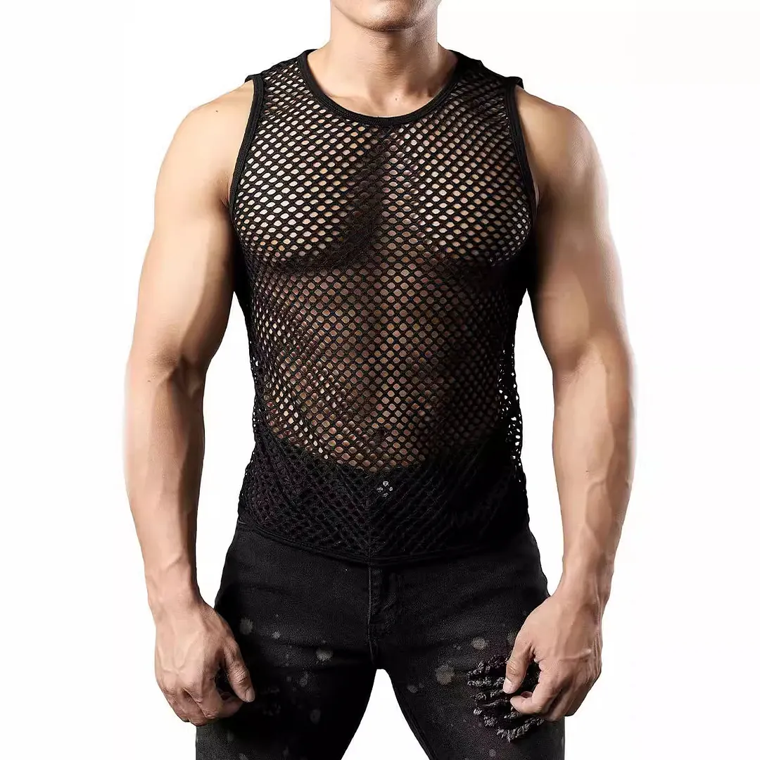 Brownm Brownm New Men's Casual Knit Vest Men's Hollow Out Solid Color Round Collar Sunscreen Clothing Men's Jacket