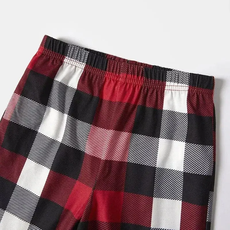 Christmas Cartoon Face Prints Red & Black & Grey & White Plaid Family Matching Pajamas