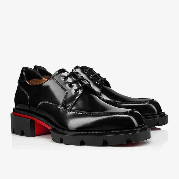 Gentleman's  Black Square Toe thick notched sole Lace Up Dress Prom Party Wedding Red Bottom Shoes VOCOSI VOCOSI