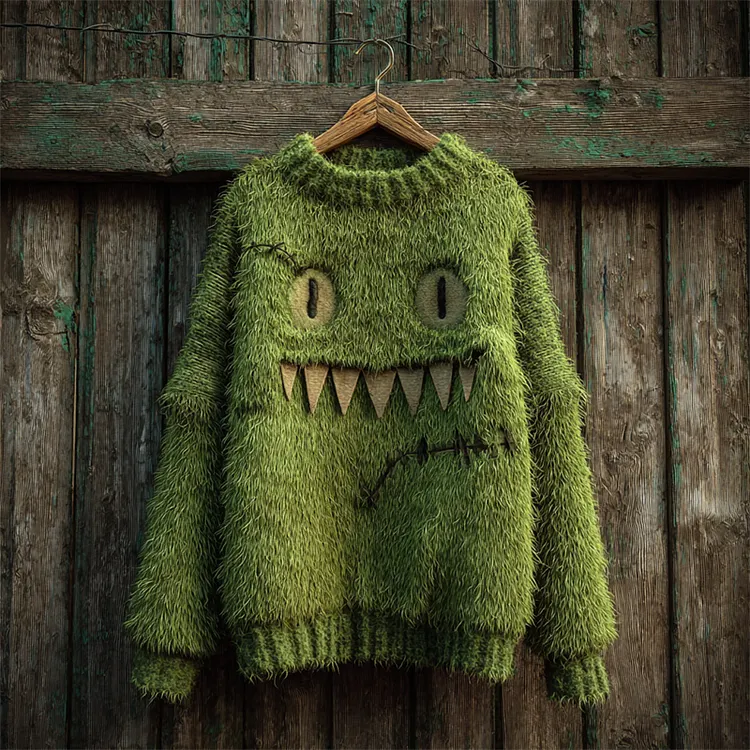 Halloween Fuzzy Monster Inspired Stitched Cozy Knit Sweater