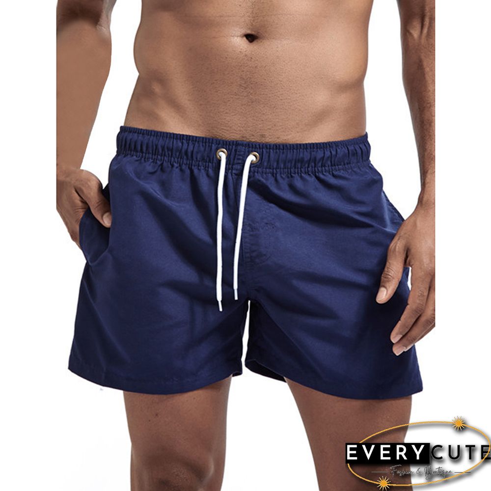 Navy Blue Solid Drawstring Pocket Men's Shorts