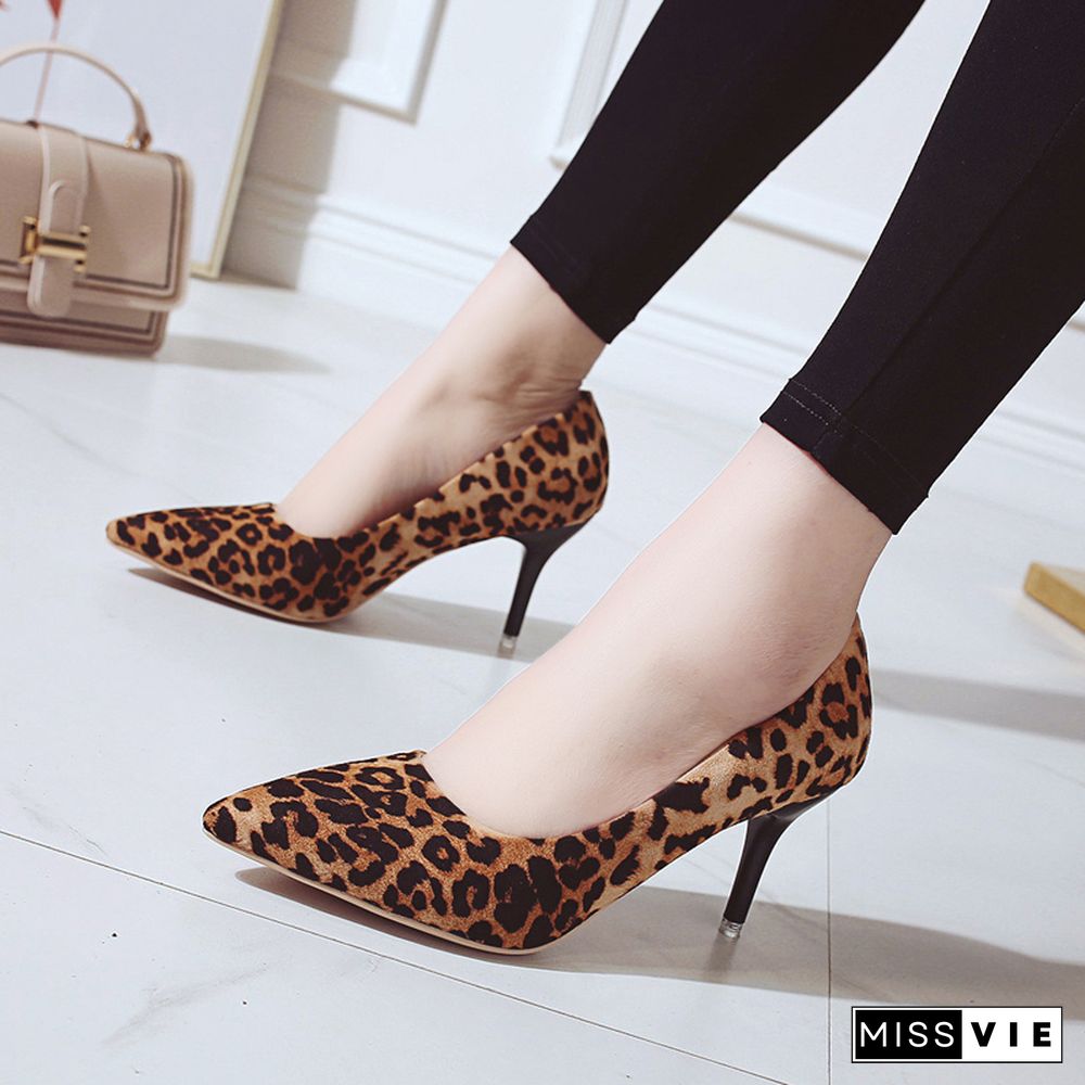 High Heels Leopard Shoes Women Pumps Office Stiletto Faux Suede Wedding Party Slip On Sandals Femme Sexy Pumps