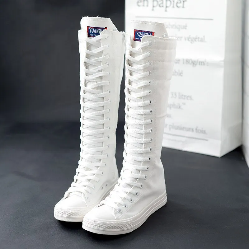 Miaoguan 2021 Spring Autumn Women Canvas Casual Shoes Long Knee High Boots Lace-Up Zipper Comfortable Flat Sneakers Small Size