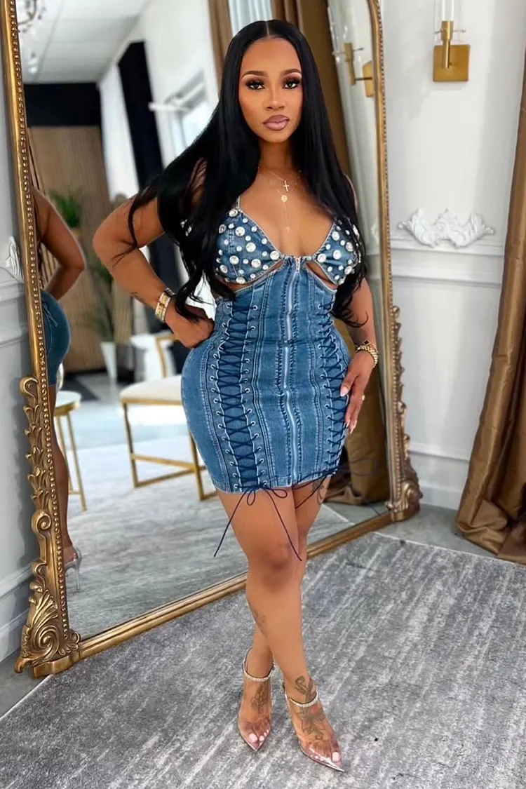 white christmas dresses Cutout Slit Spaghetti Strap Denim Dress – Abela Story main image 1