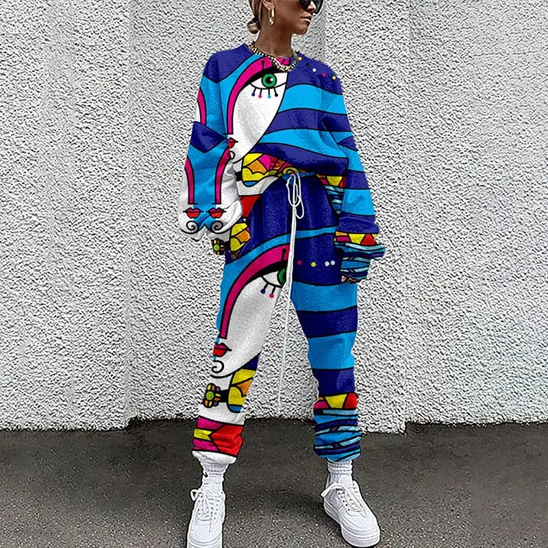 Women Tracksuit Two Piece Pullovers Cloting Long Sleeve Tie-dye Print Female Tops And Elastic Waist Pants Slim Casual Streetwear