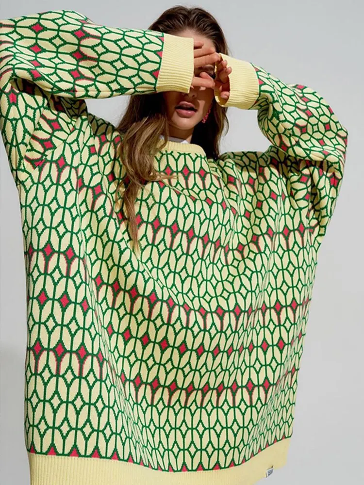 WannaThis Knitted Sweater Patchwork Print Pullover Women Autumn Basic Oversized Long Sleeve Casual Vintage Streetwear Tops 2021