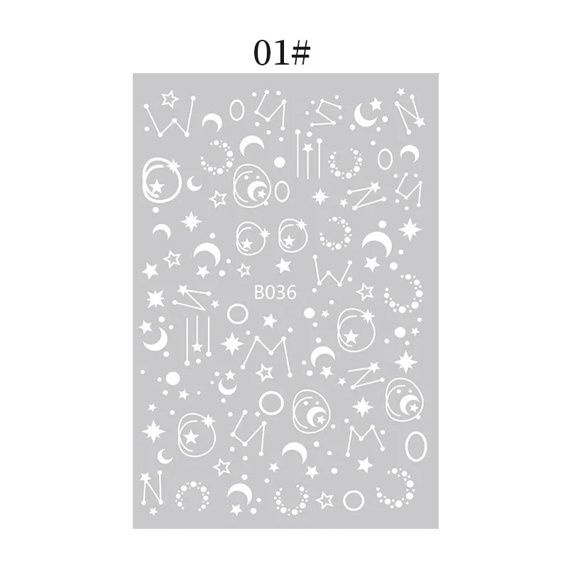 English Letter Design 3D Nail Stickers Iridescent Geometrics Gold Stars Moon Transfer Nail Art Sliders Decoration Accessories