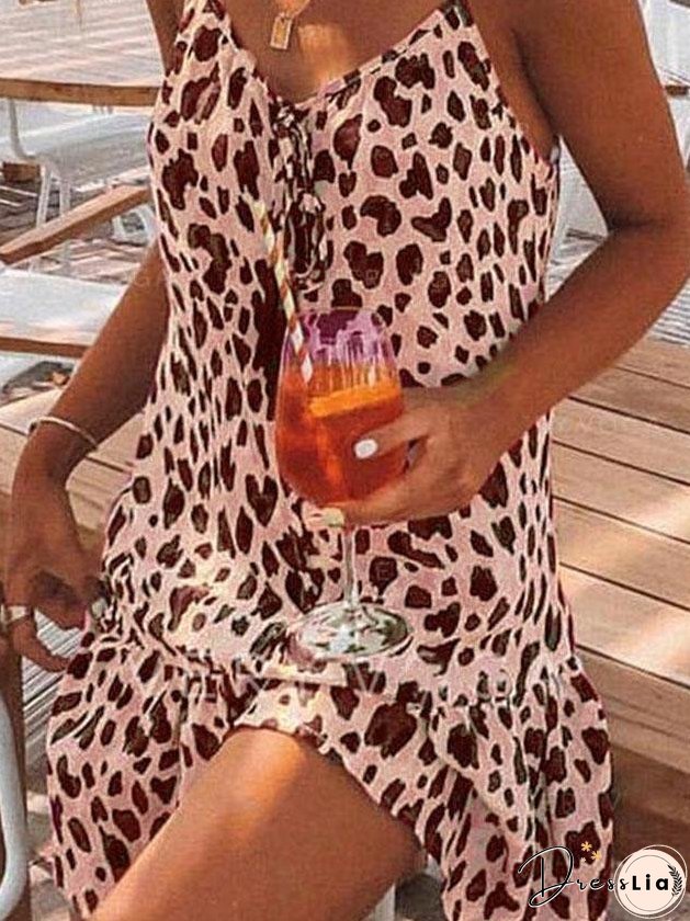Leopard Print V-neck Casual Suspender Dress