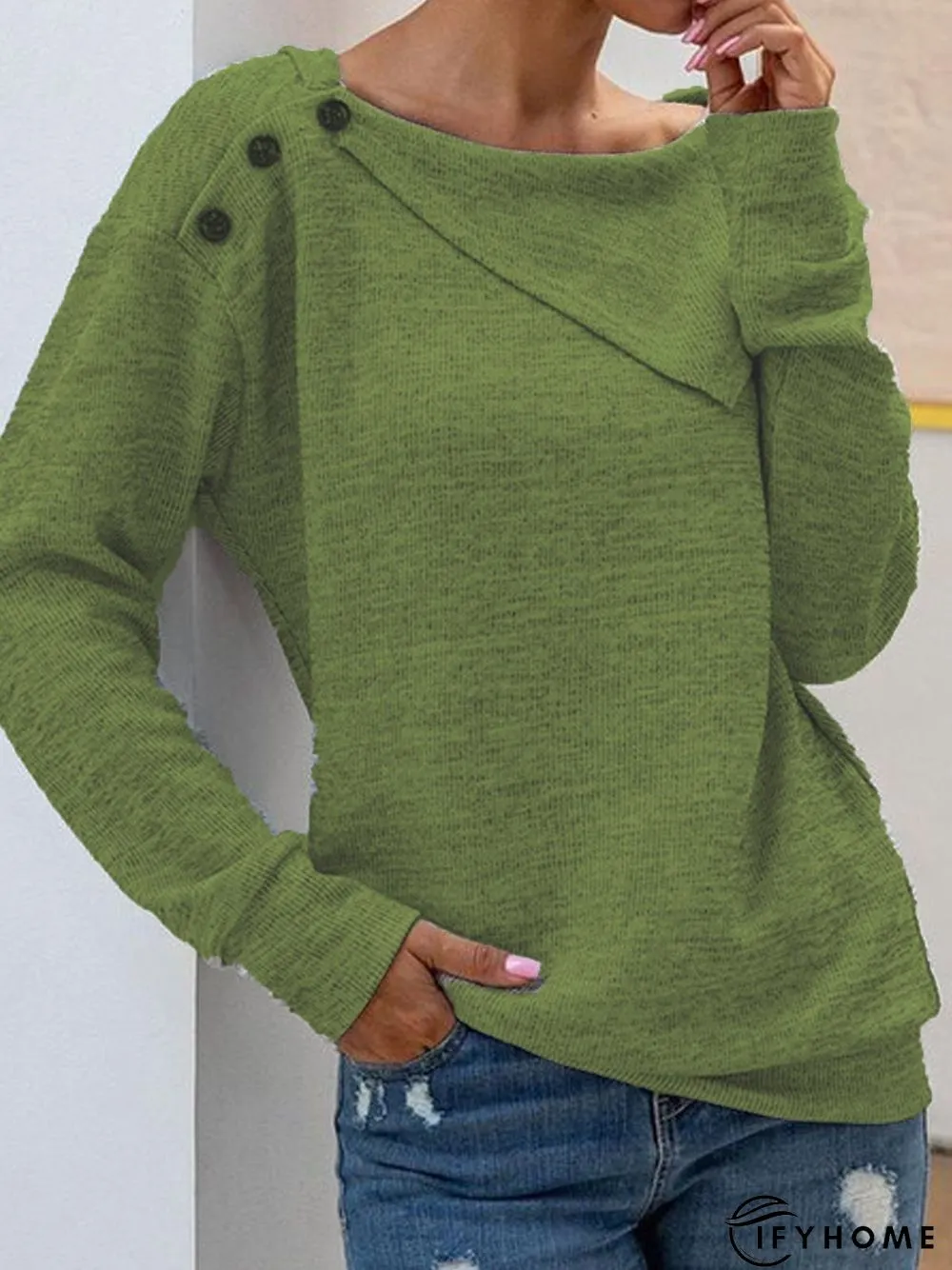 Gray Buttoned Solid Long Sleeve Cotton-Blend Topknitwear & Tunic Sweater Knit Jumper | IFYHOME