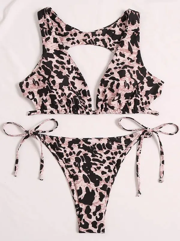 Leopard Print Backless Bandage Split Bikini Swimsuit