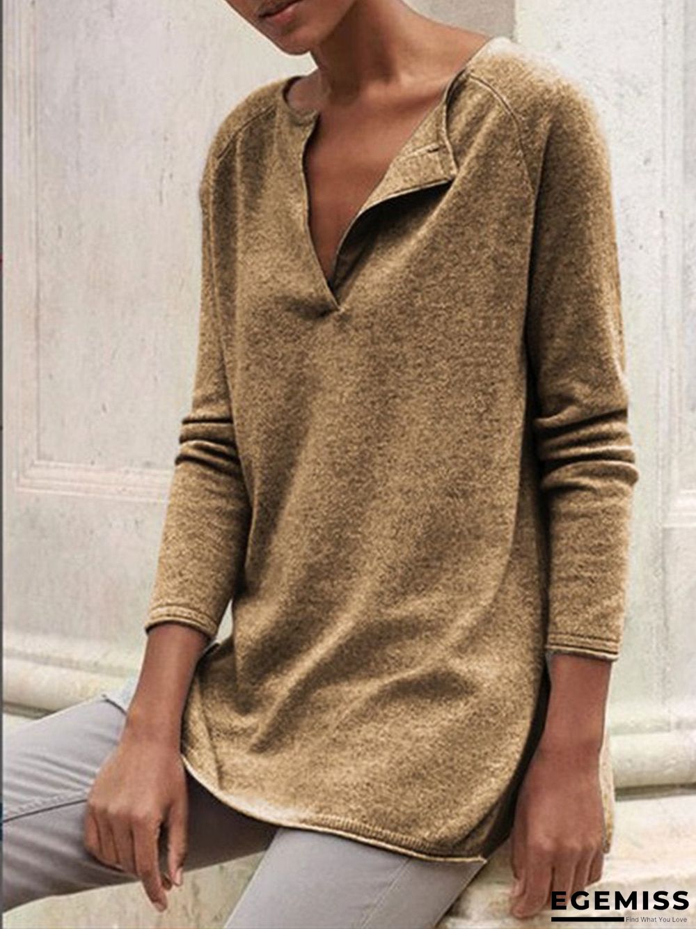 Gray Plain Casual Cotton-Blend Sweater | EGEMISS
